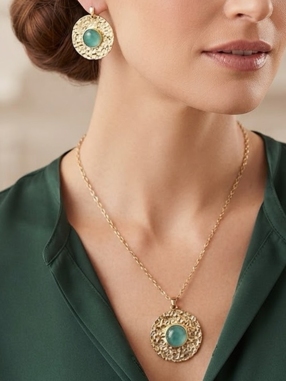 Stainless Steel Pendant Necklace and Earrings Set with Teal Stone